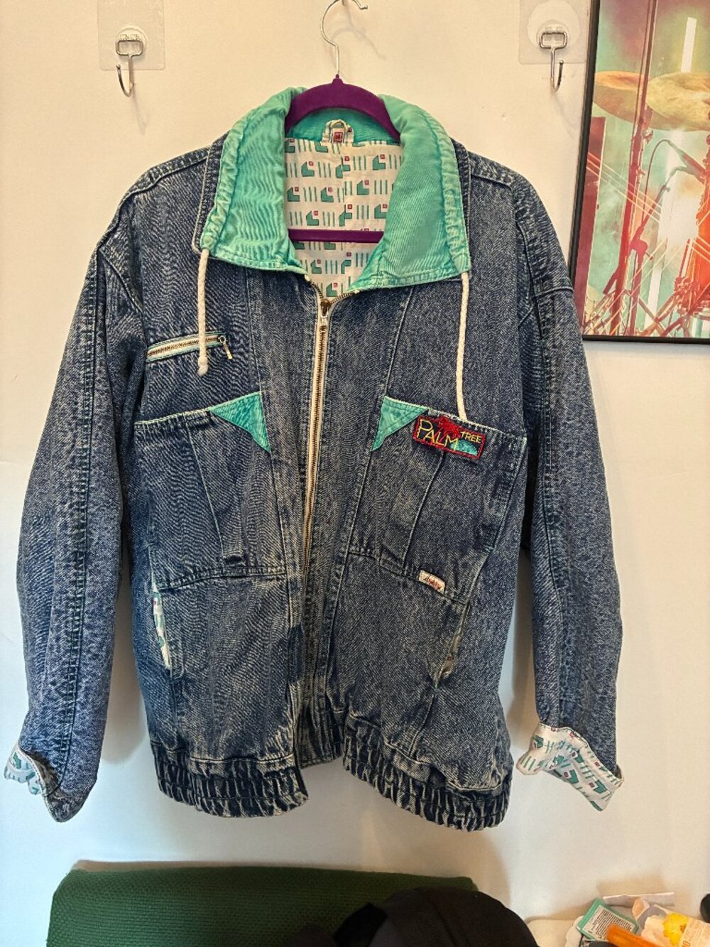 Vintage 90s Acid Wash Oversized Denim Jacket, Palm Tree Patch, Size L